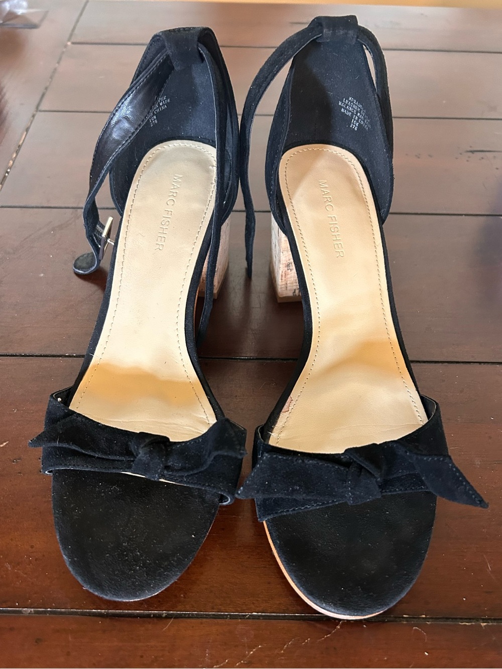 Marc Fisher Black Suede Bow Ankle-buckle Block Heels